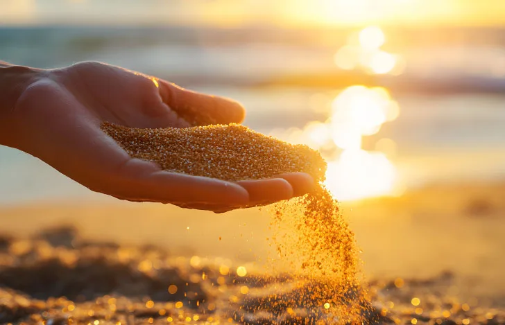 夕焼けが反射する海辺で手に掬った砂を落とす人の手元