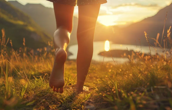 日の出に向かって山道を裸足で歩く女性の足元